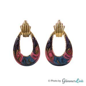 VTG 80s Teardrop Shaped Door Knocker Style Pink Purple Blue Gold Tone Earrings
